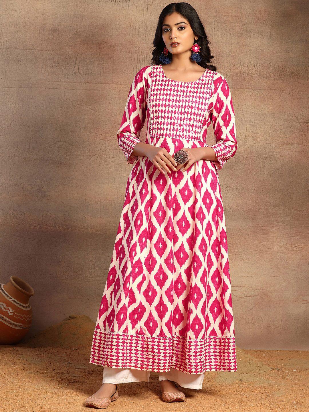rang by indya women geometric checked flared sleeves thread work kurta