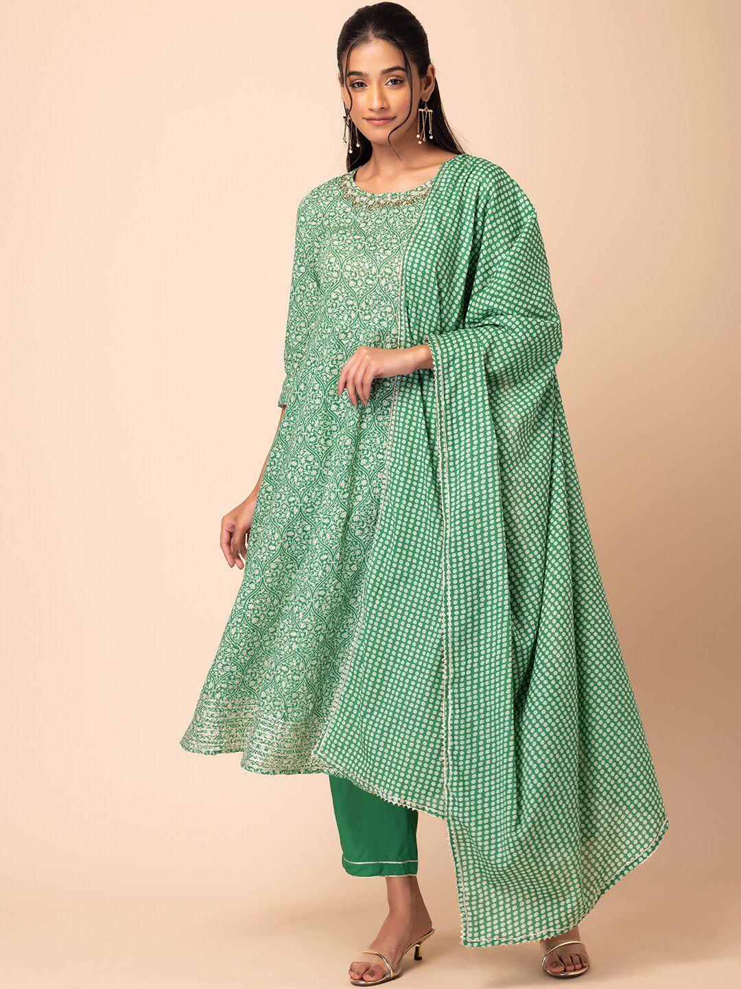 rang by indya women green floral printed regular beads and stones pure cotton kurta with trousers & with