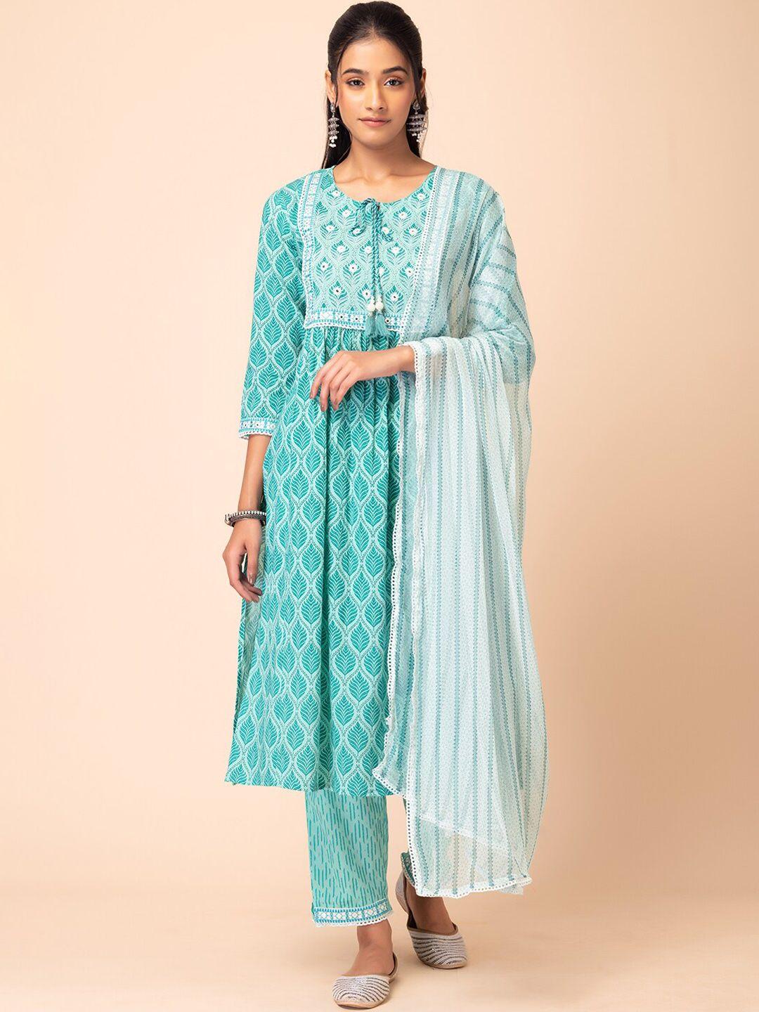 rang by indya women green paisley printed pleated pure cotton kurta with trousers & with dupatta