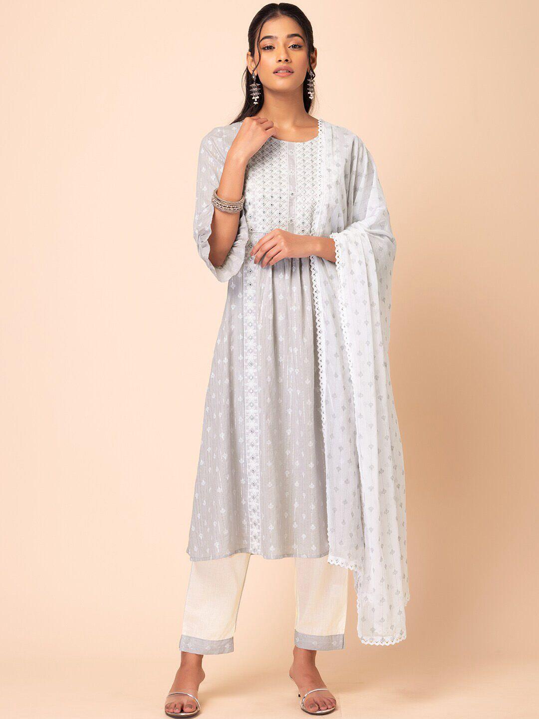 rang by indya women grey ethnic motifs embroidered pleated pure cotton kurta with trousers & with dupatta