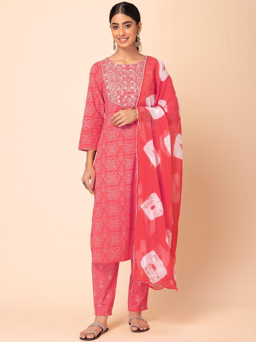 rang by indya women peach-coloured bandhani printed regular thread work pure cotton kurta with trousers &