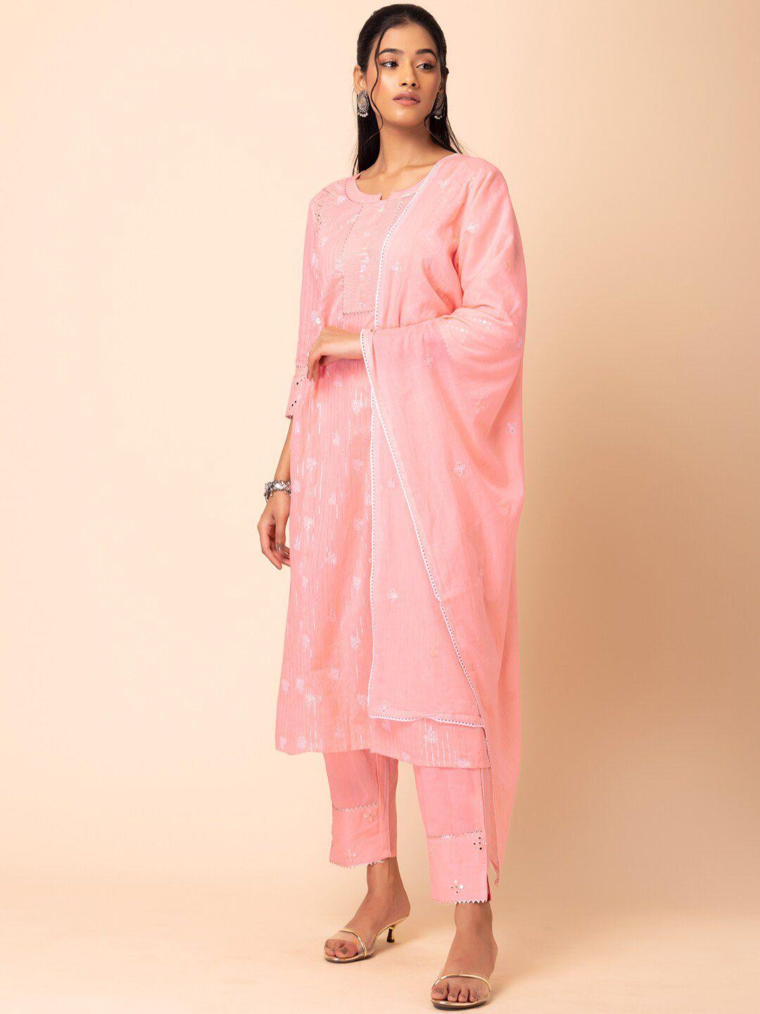 rang by indya women peach-coloured ethnic motifs embroidered regular mirror work pure cotton kurta with