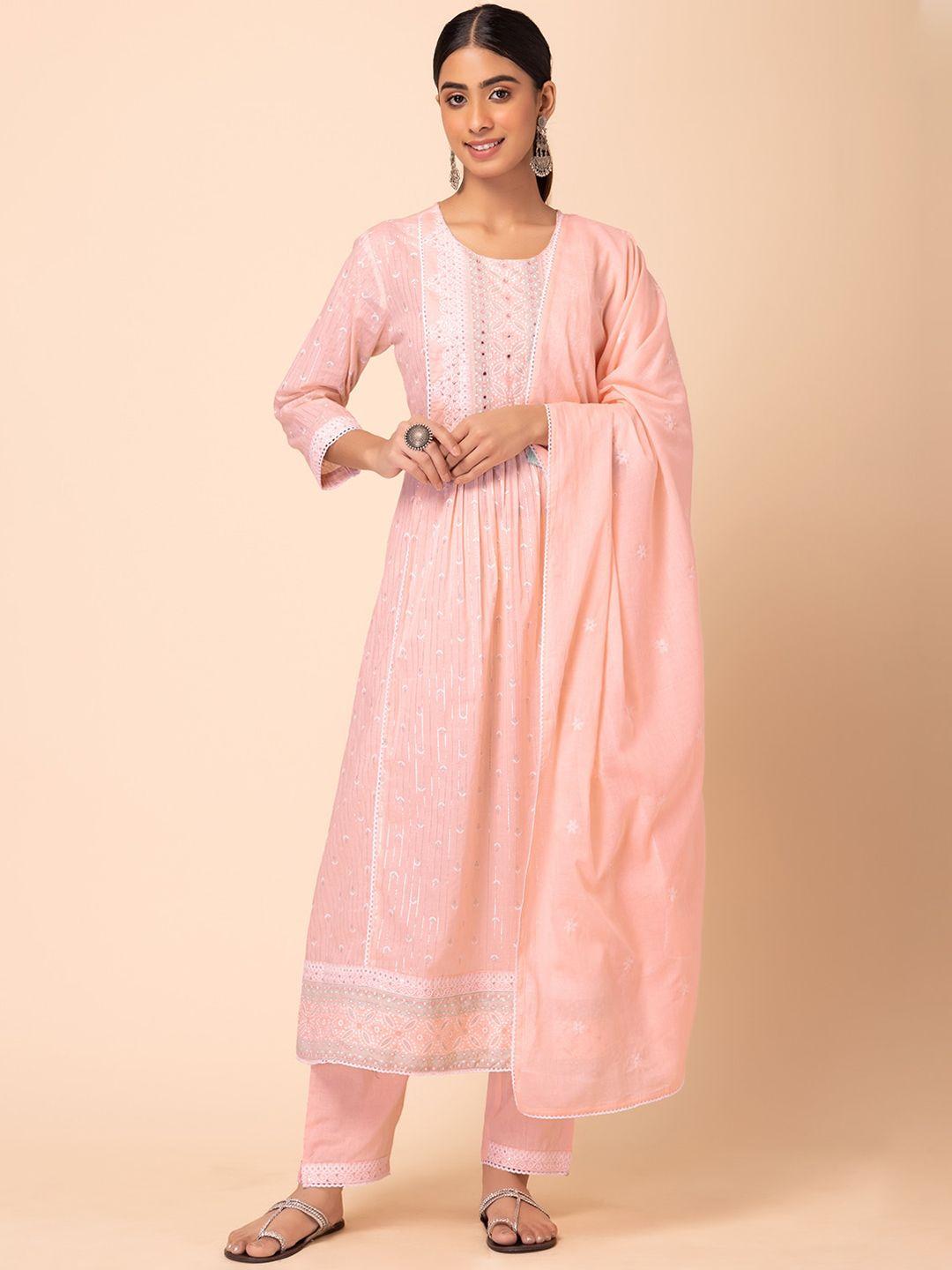 rang by indya women peach-coloured floral embroidered pleated pure cotton kurta with trousers & with dupatta