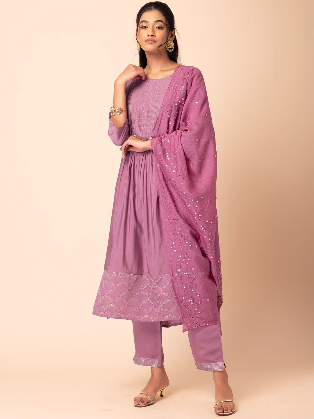 rang by indya women pink ethnic motifs embroidered tiered mirror work kurta with trousers & with dupatta