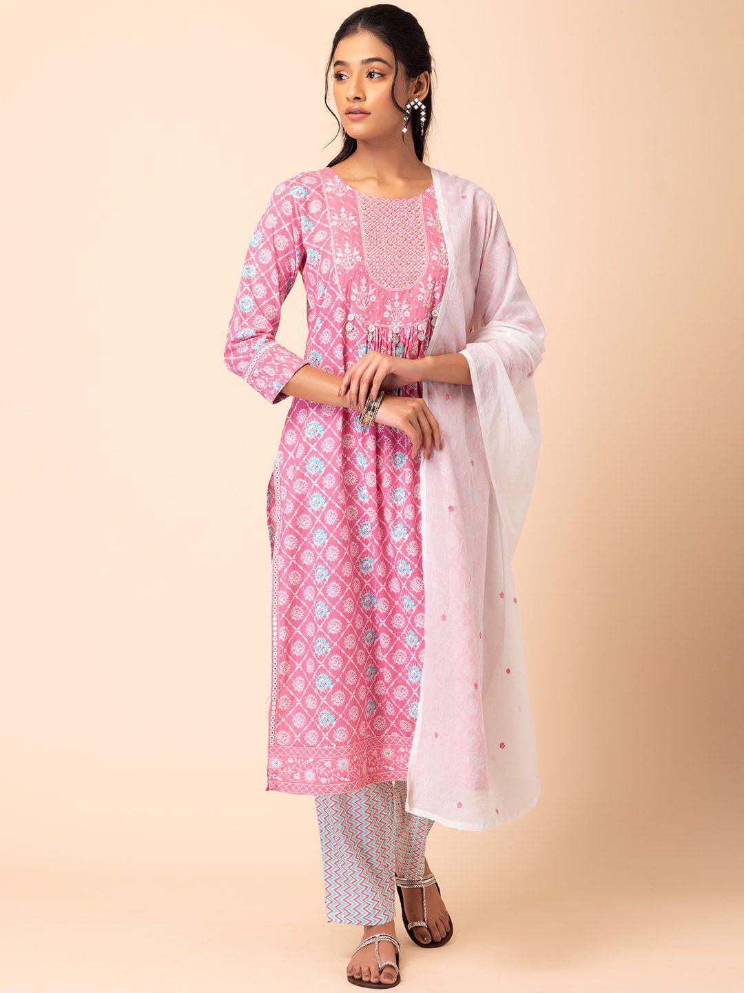 rang by indya women pink ethnic motifs printed regular thread work pure cotton kurta with trousers & with