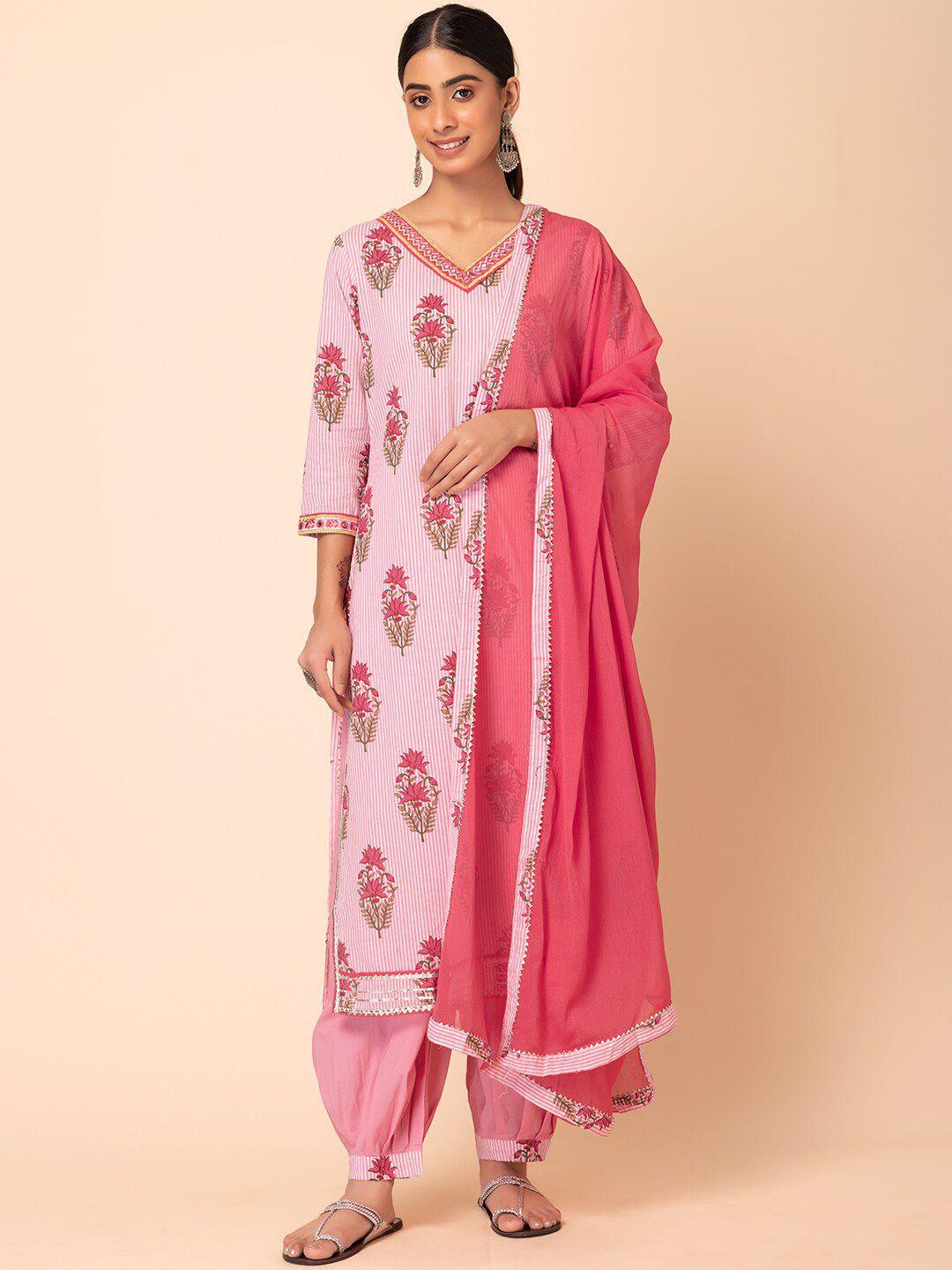 rang by indya women pink floral printed regular pure cotton kurta with salwar & with dupatta