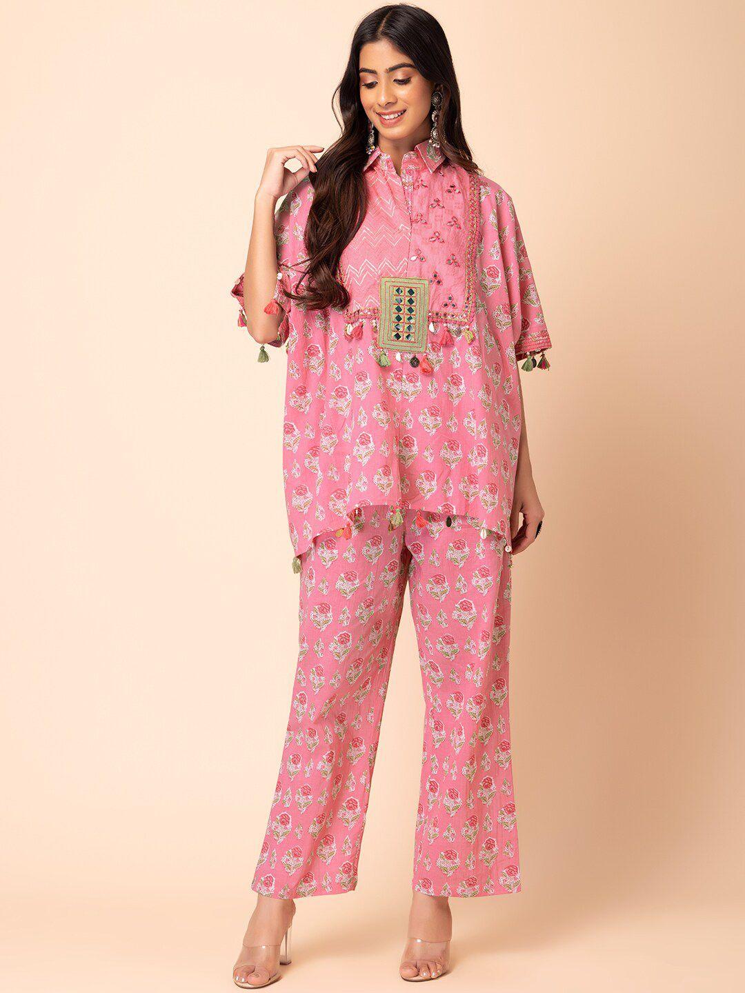 rang by indya women pink floral printed regular pure cotton kurti with trousers