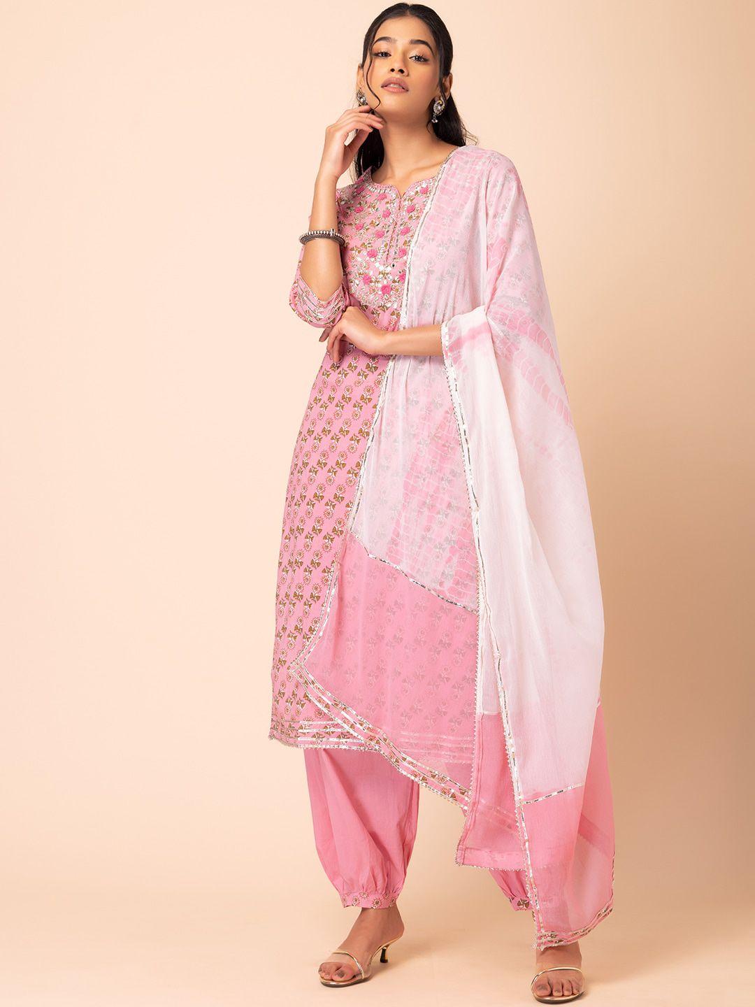 rang by indya women pink floral printed regular thread work pure cotton kurta with salwar & with dupatta