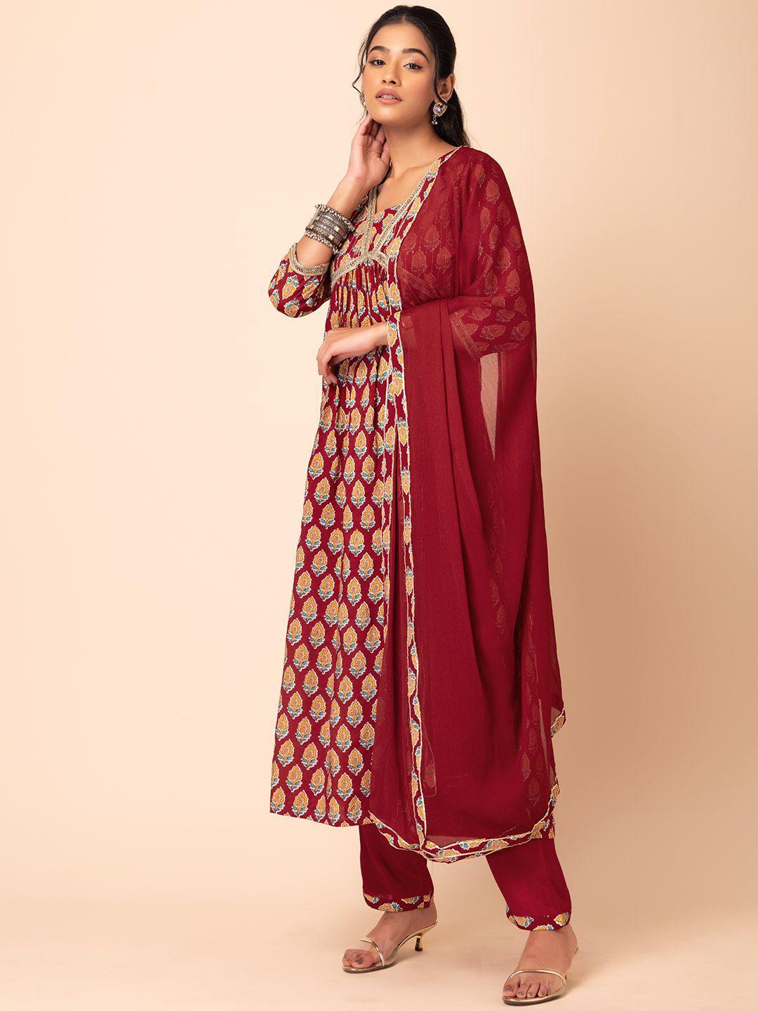 rang by indya women red floral printed regular pure cotton kurta with trousers & with dupatta