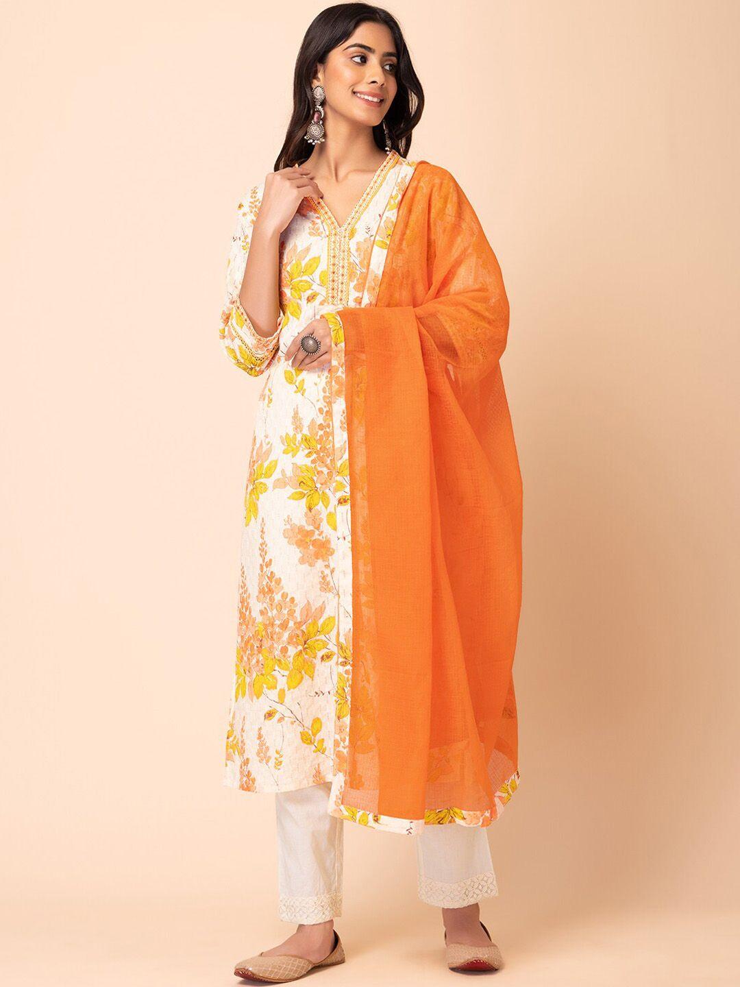 rang by indya women white floral printed pure cotton kurta with trousers & with dupatta