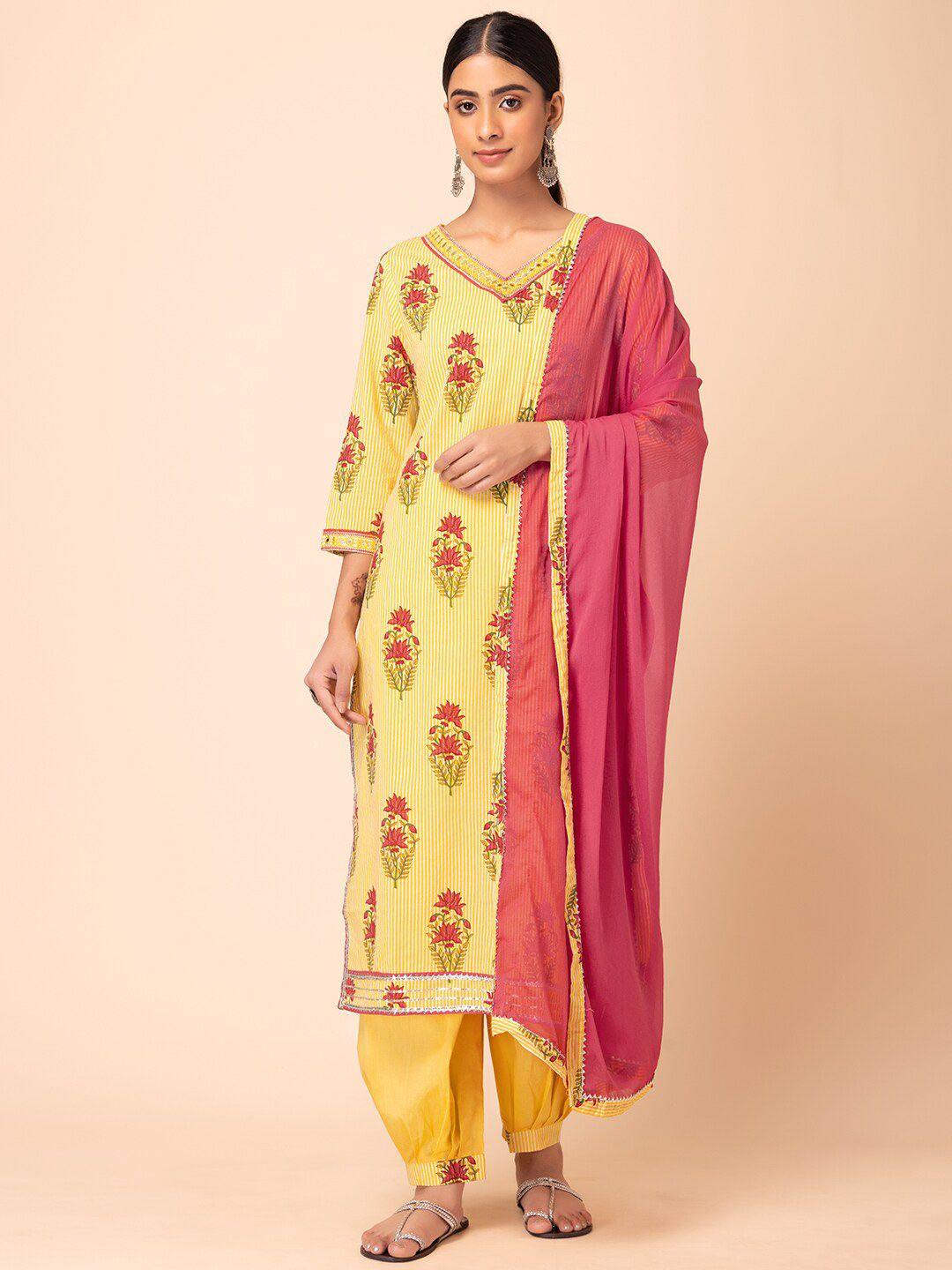rang by indya women yellow ethnic motifs printed regular mirror work pure cotton kurta with salwar & with