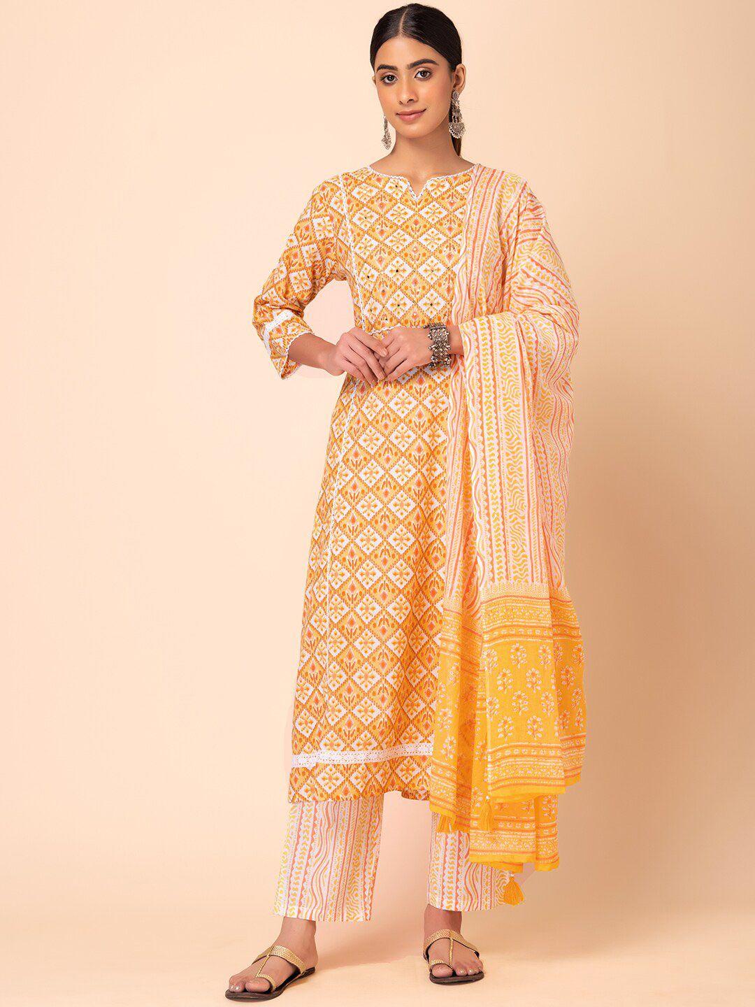 rang by indya women yellow printed regular pure cotton kurta with trousers & with dupatta