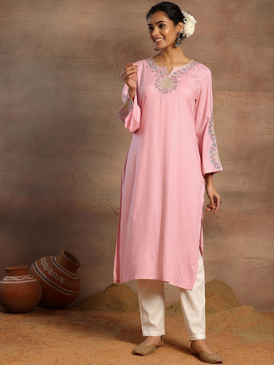 rang by indya women yoke design keyhole neck flared sleeves thread work kurta