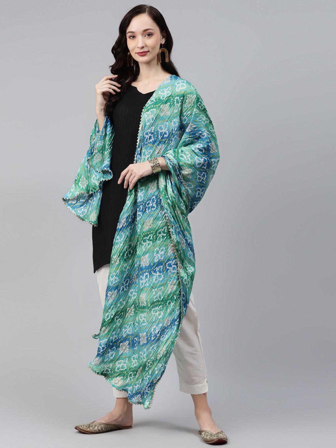 rang gali blue & green printed bandhani dupatta with gotta patti