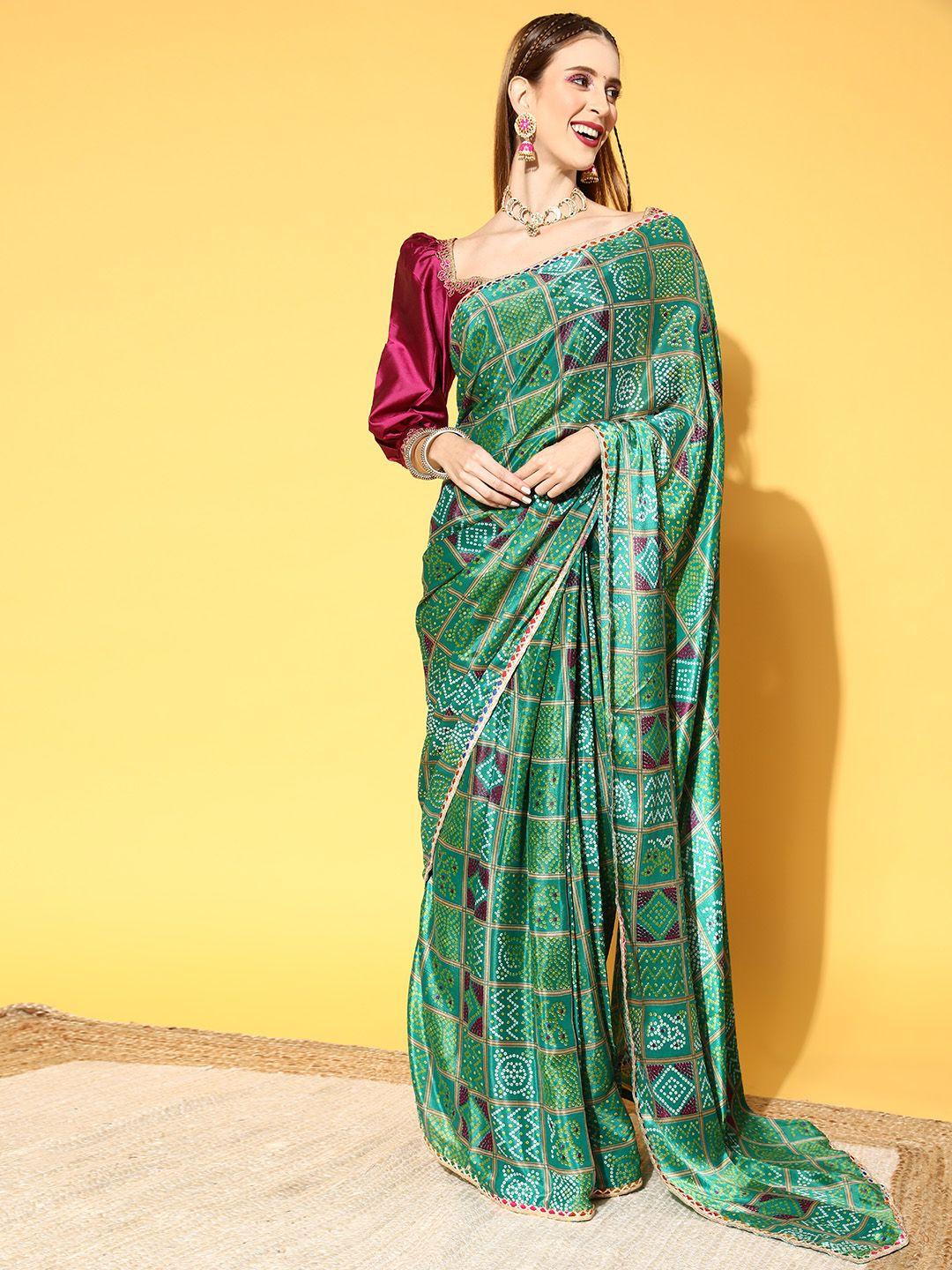 rang gali green and magenta ready to wear bandhani silk saree
