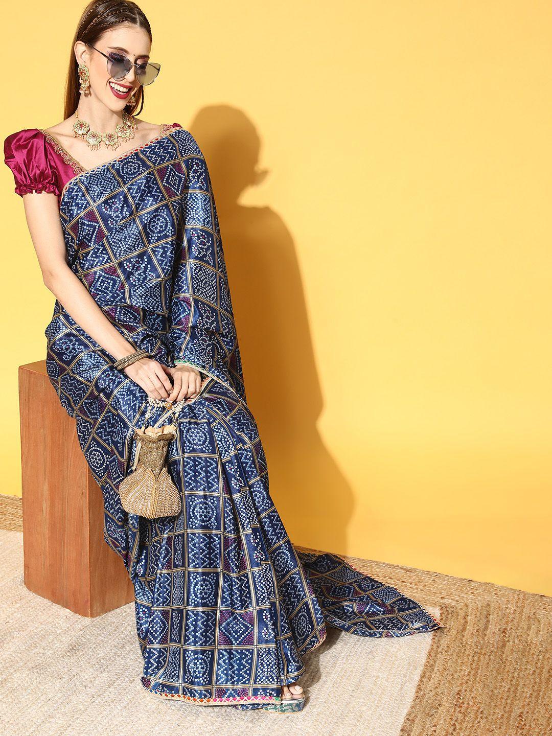 rang gali navy blue & white printed gotta patti ready to wear bandhani silk saree