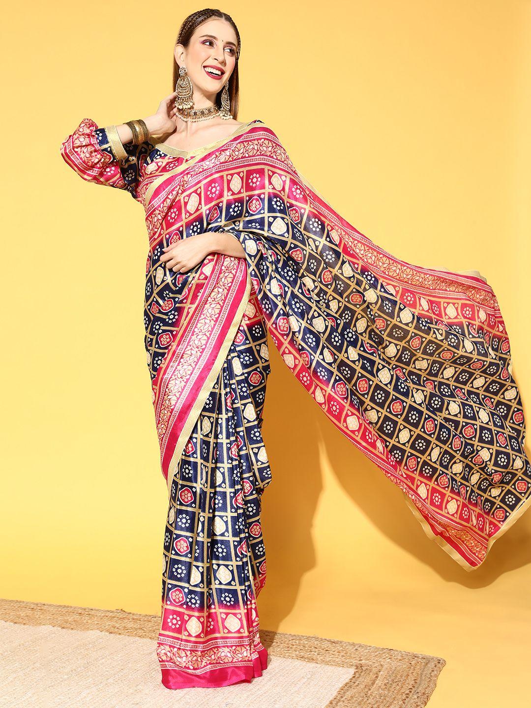 rang gali pink and blue ready to wear bandhani silk saree