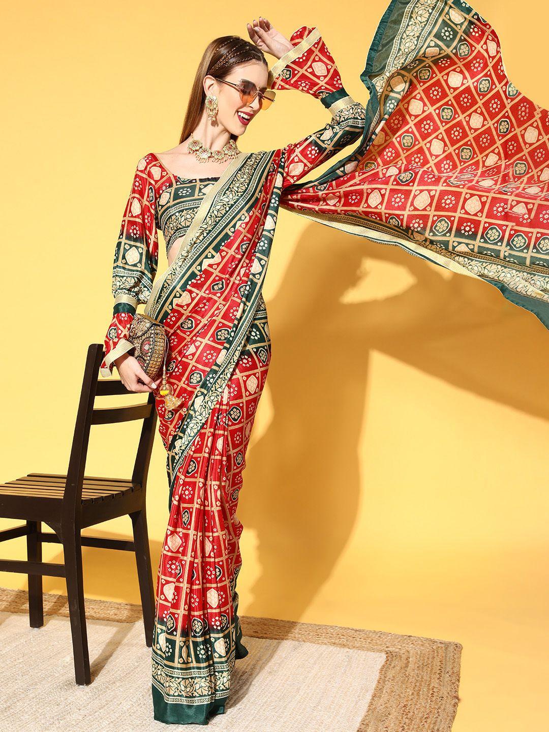 rang gali red & green bandhani printed ready to wear bandhani silk saree