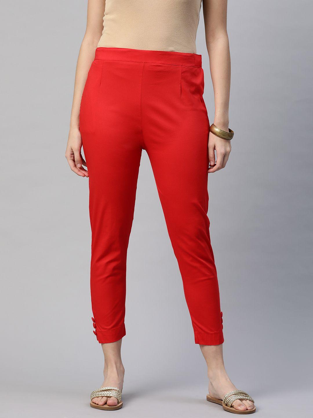 rang gali women red solid smart slim fit high-rise easy wash trousers