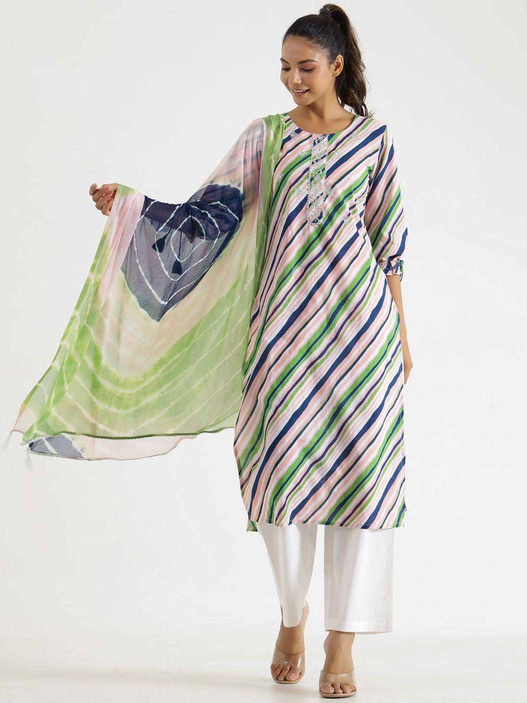 rangdeep leheriya striped regular thread work pure cotton kurta with trousers & dupatta