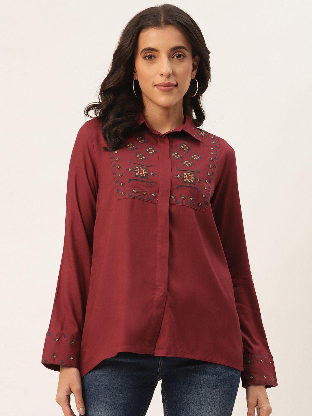 rangdeep maroon floral embroidered shirt style top