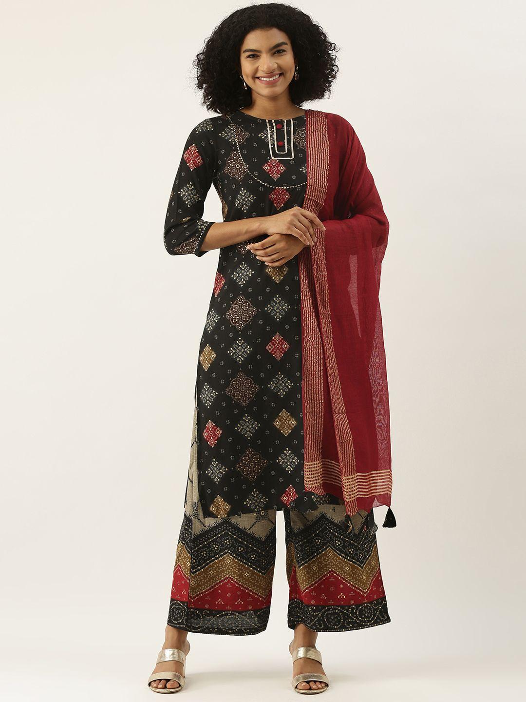 rangdeep women black & grey bandhani printed kurta with palazzos & with dupatta