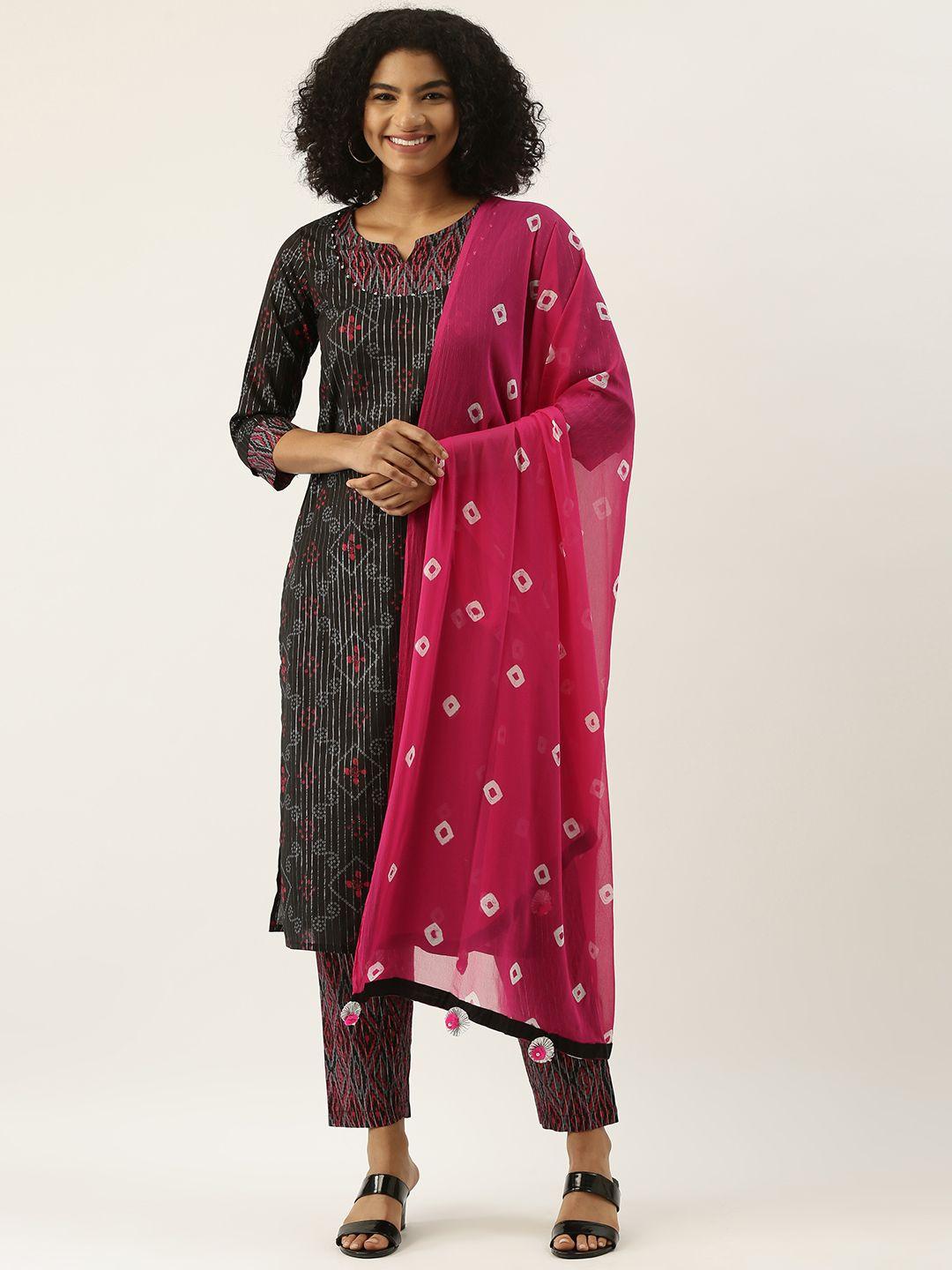 rangdeep women black & red bandhani printed pure cotton kurta with trousers & dupatta