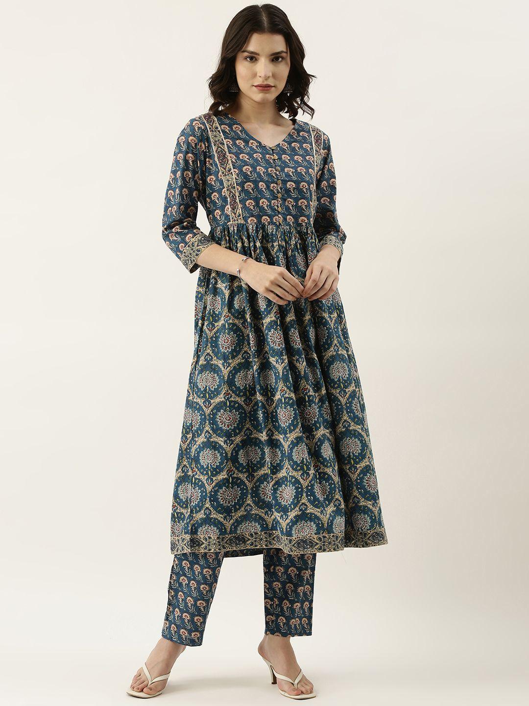 rangdeep women blue & beige ethnic motif printed pure cotton kurta with trousers