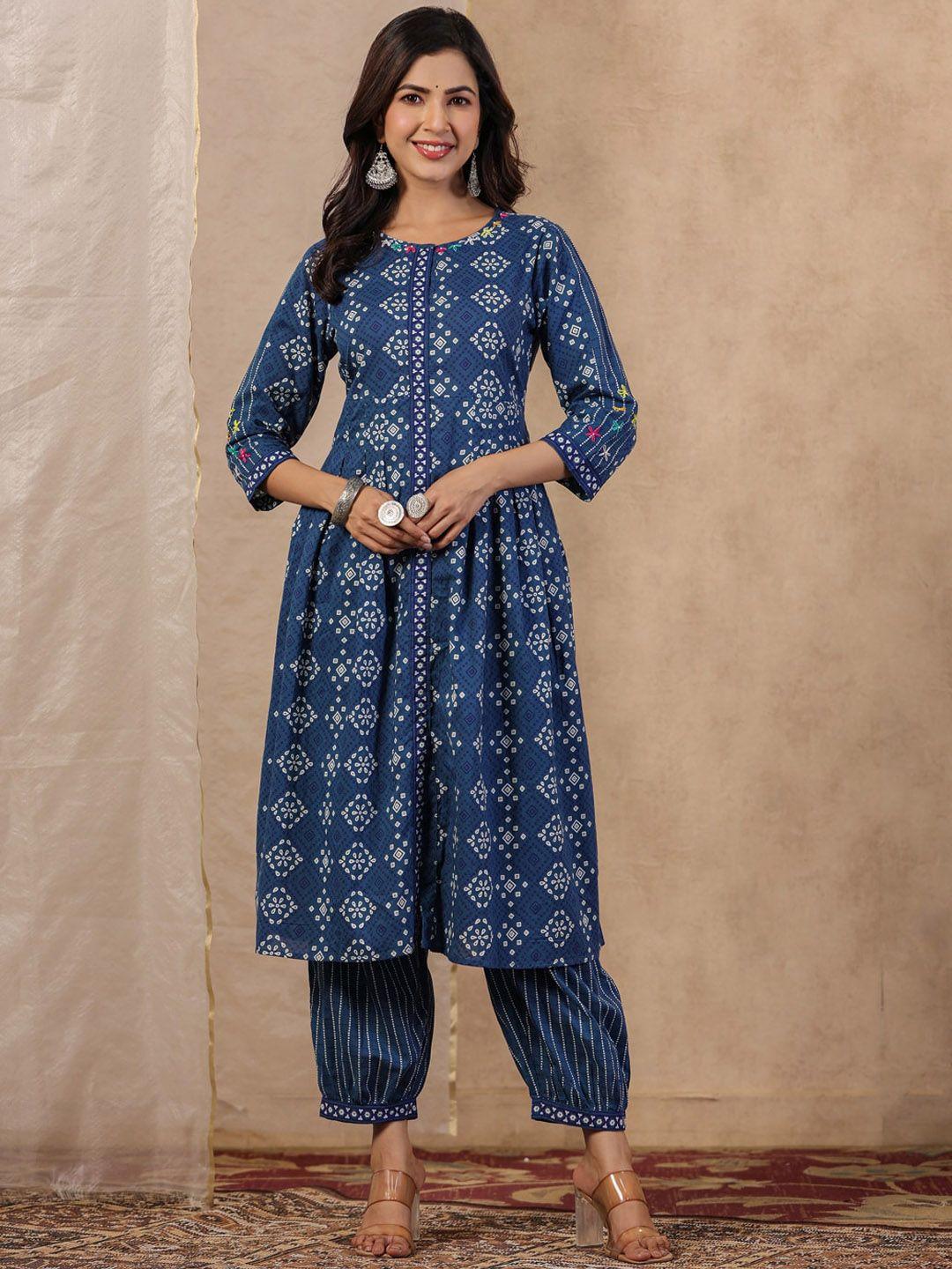 rangdeep women blue ethnic motifs printed pleated thread work pure cotton kurta with harem pants