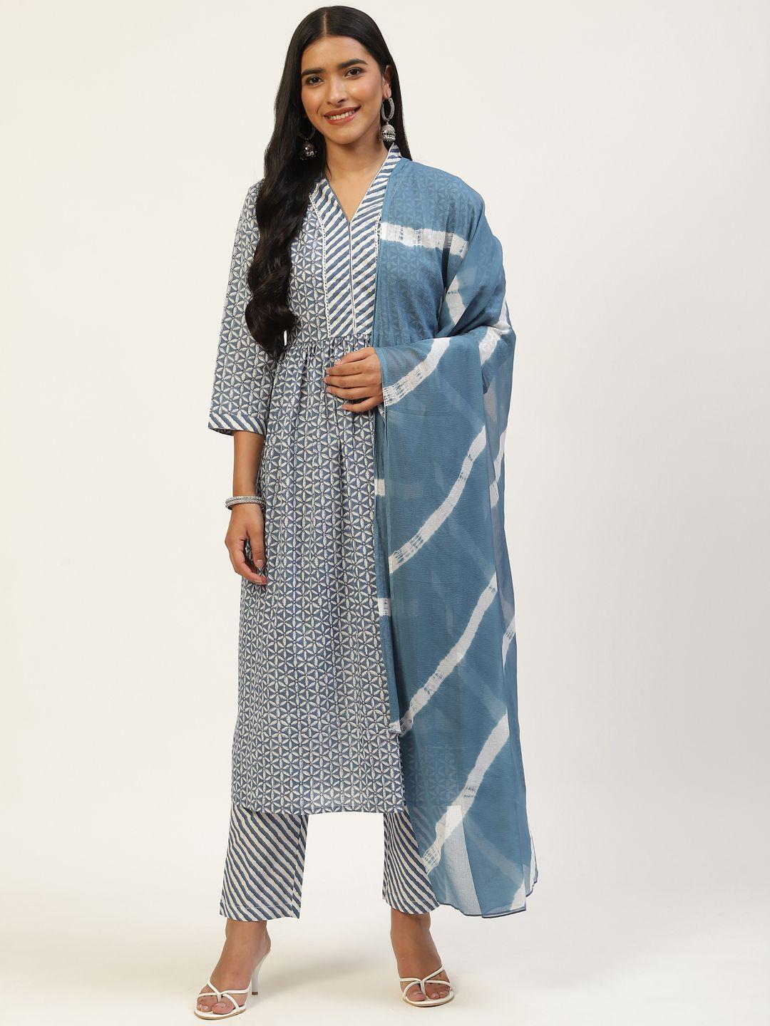 rangdeep women blue printed empire kurta with trousers & with dupatta
