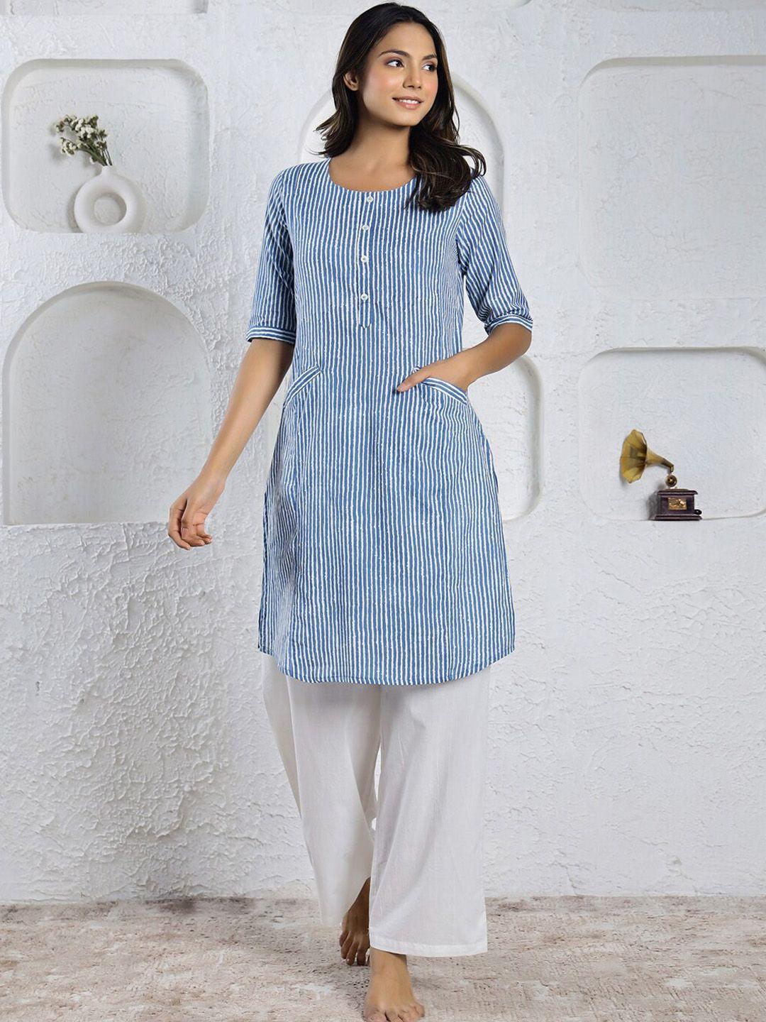 rangdeep women blue striped regular pure cotton kurta with trousers