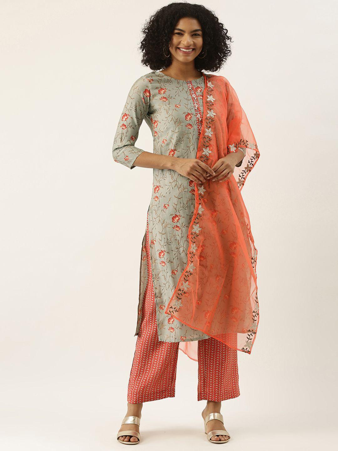 rangdeep women green & coral pink floral printed thread work kurta with palazzos & dupatta