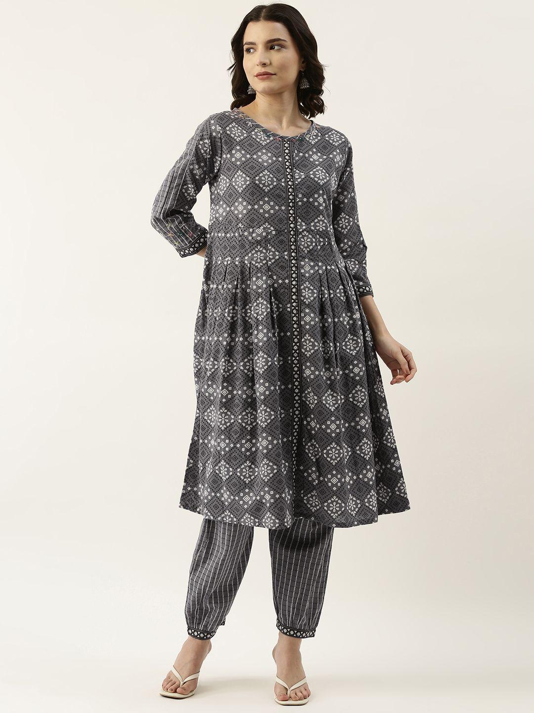 rangdeep women grey & white bandhani printed thread work pure cotton kurta with trousers