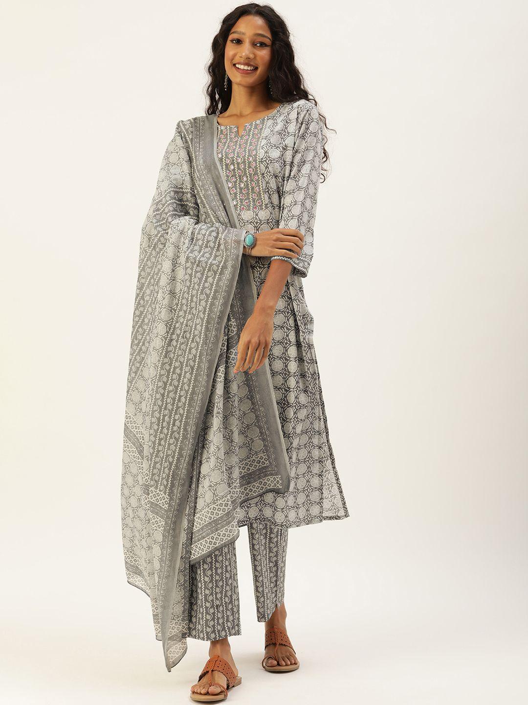 rangdeep women grey ethnic motifs printed beads and stones pure cotton kurta with trousers & with dupatta