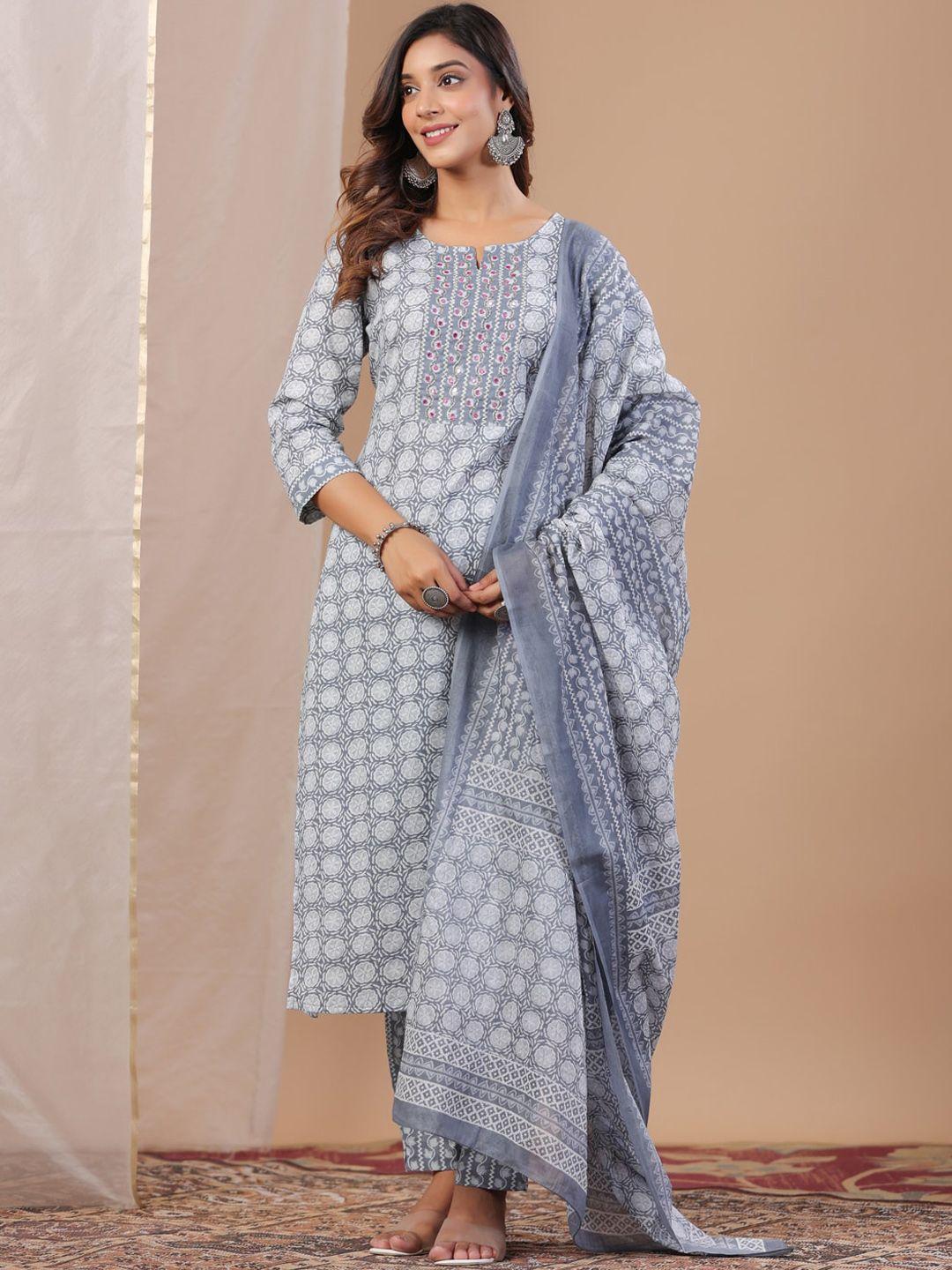 rangdeep women grey floral printed regular mirror work pure cotton kurta with trousers & with dupatta