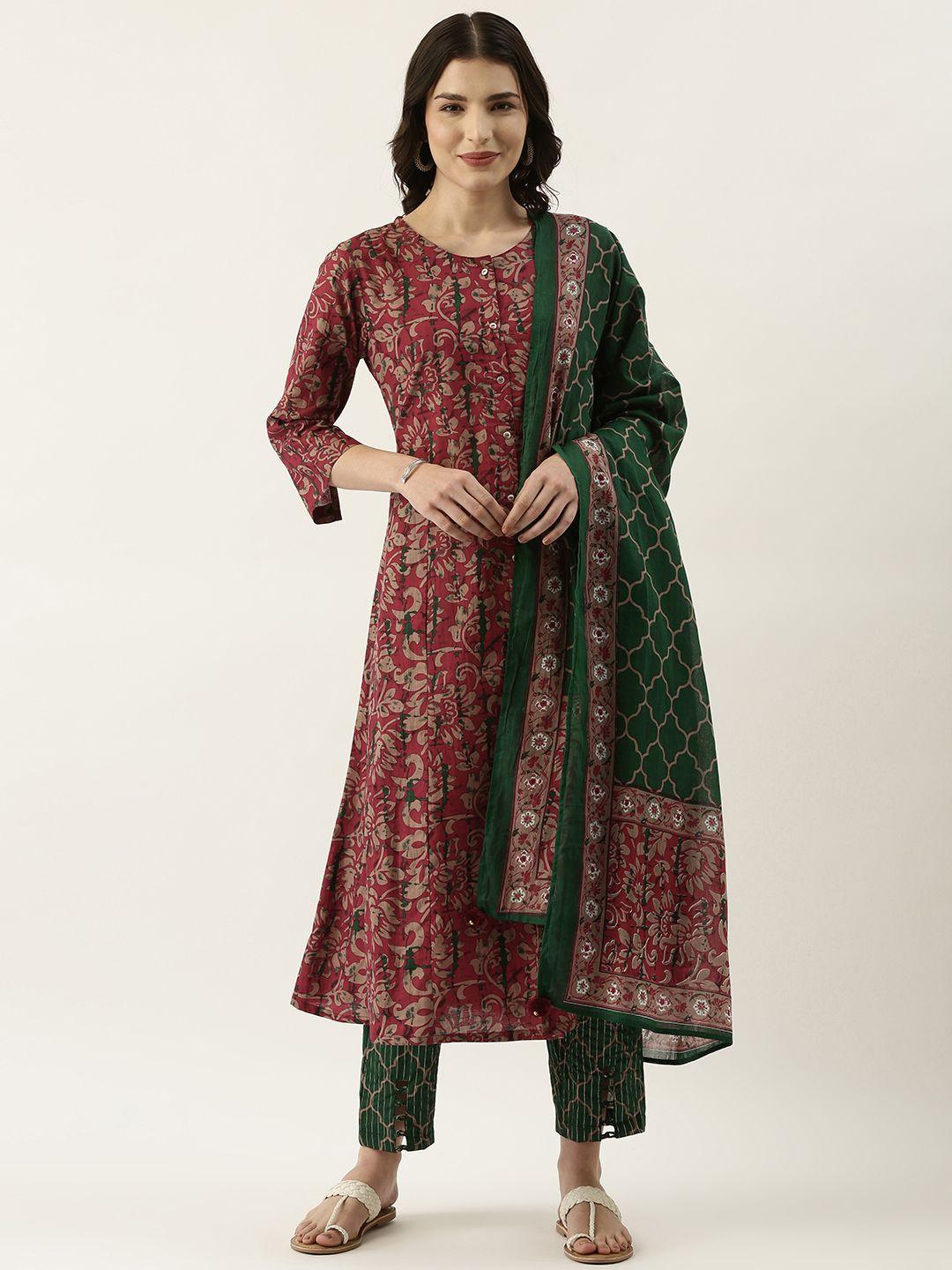 rangdeep women maroon & green ethnic printed pure cotton kurta with trousers & dupatta