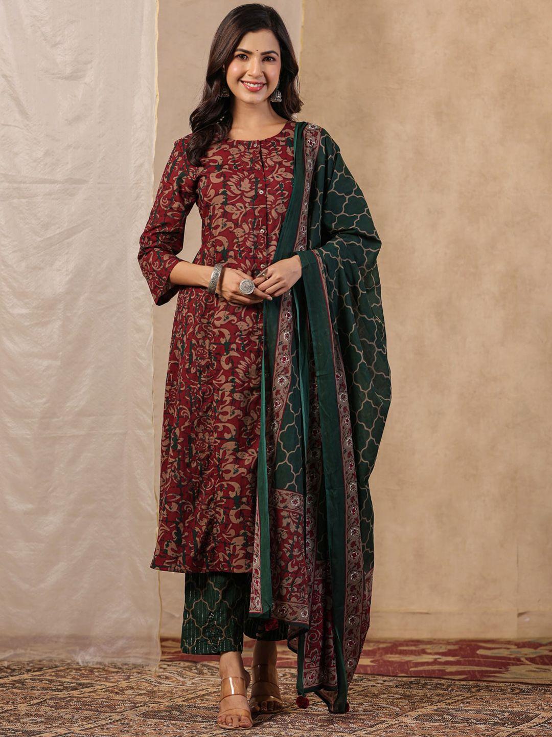 rangdeep women maroon ethnic motifs printed empire pure cotton kurta with trousers & with dupatta