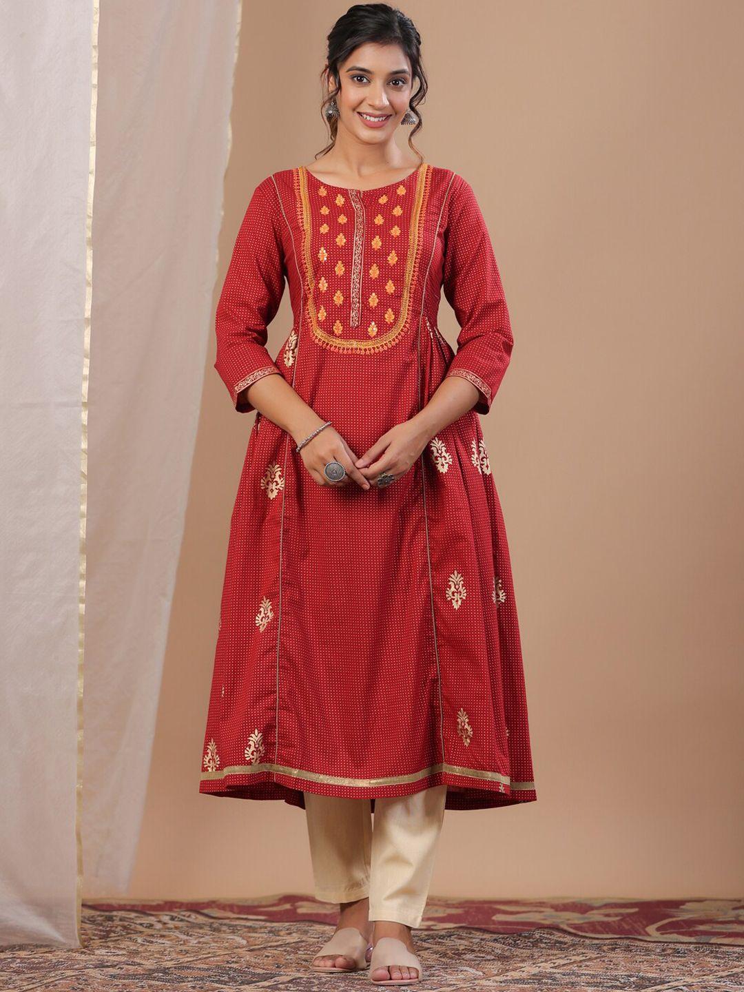 rangdeep women maroon ethnic motifs printed regular thread work pure cotton kurta with trousers