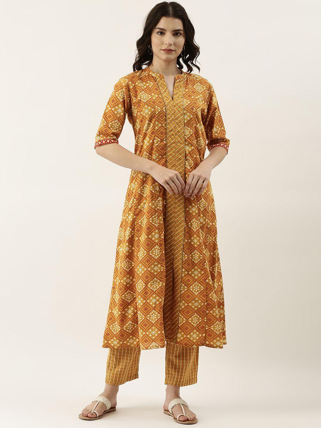 rangdeep women mustard yellow & white bandhani printed pure cotton kurta with trousers