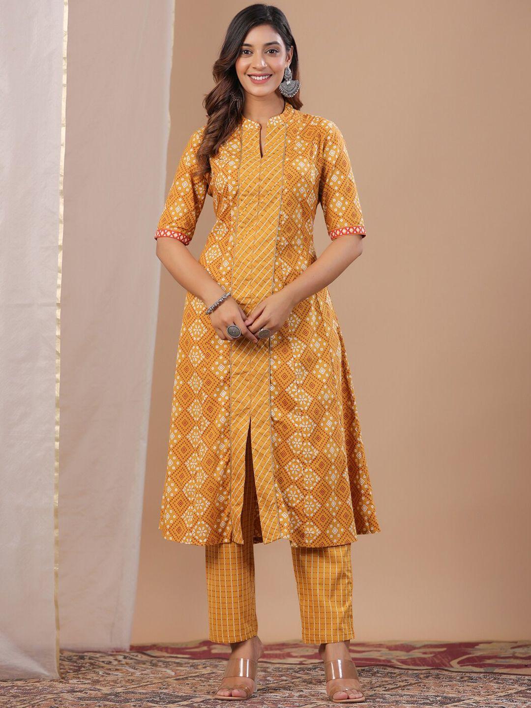 rangdeep women mustard yellow ethnic motifs printed panelled thread work pure cotton kurta with trousers