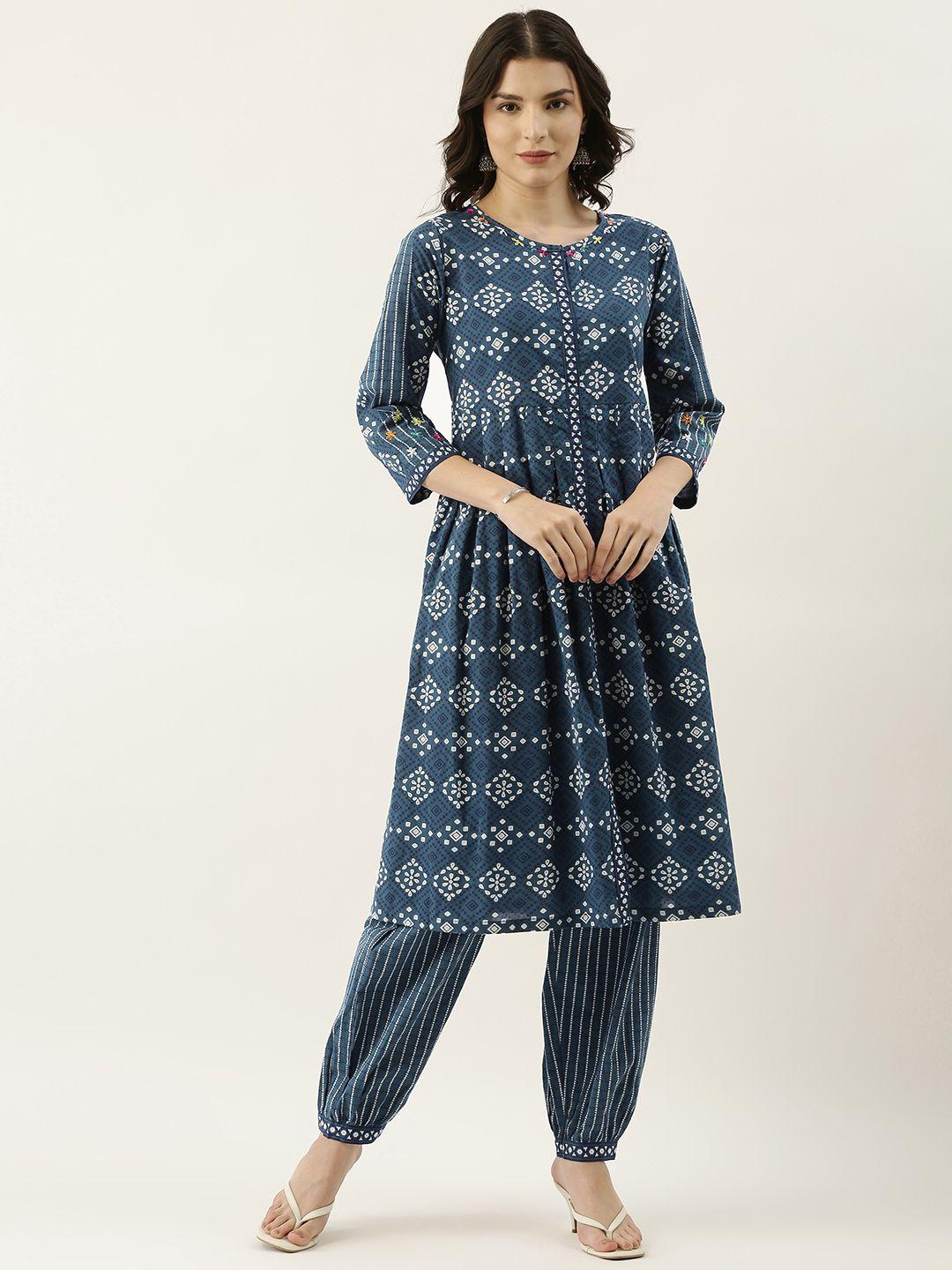 rangdeep women navy blue & off-white ethnic motifs printed pure cotton kurta with trousers