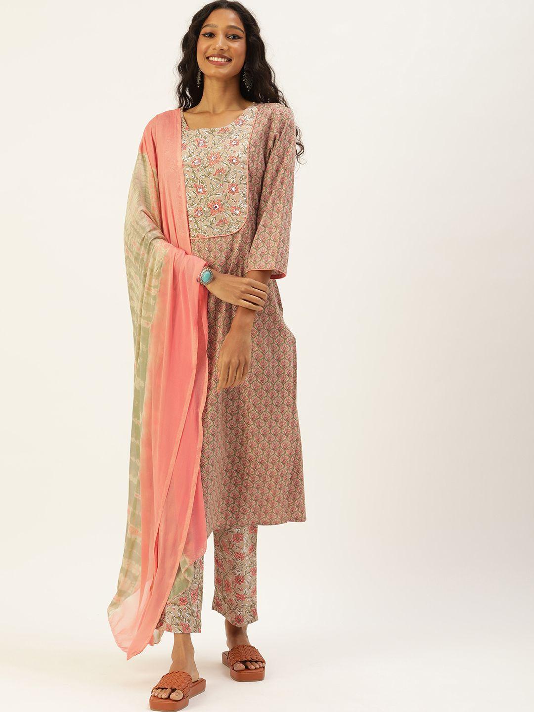 rangdeep women olive green ethnic motifs printed sequinned pure cotton kurta with trousers & with dupatta