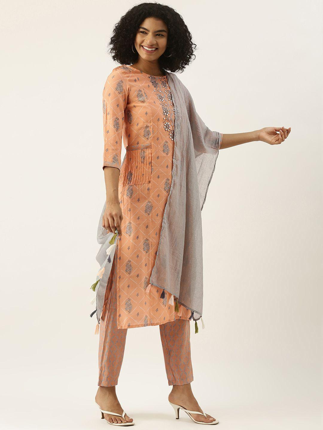 rangdeep women peach-coloured ethnic print mirror work kurta with trousers & dupatta