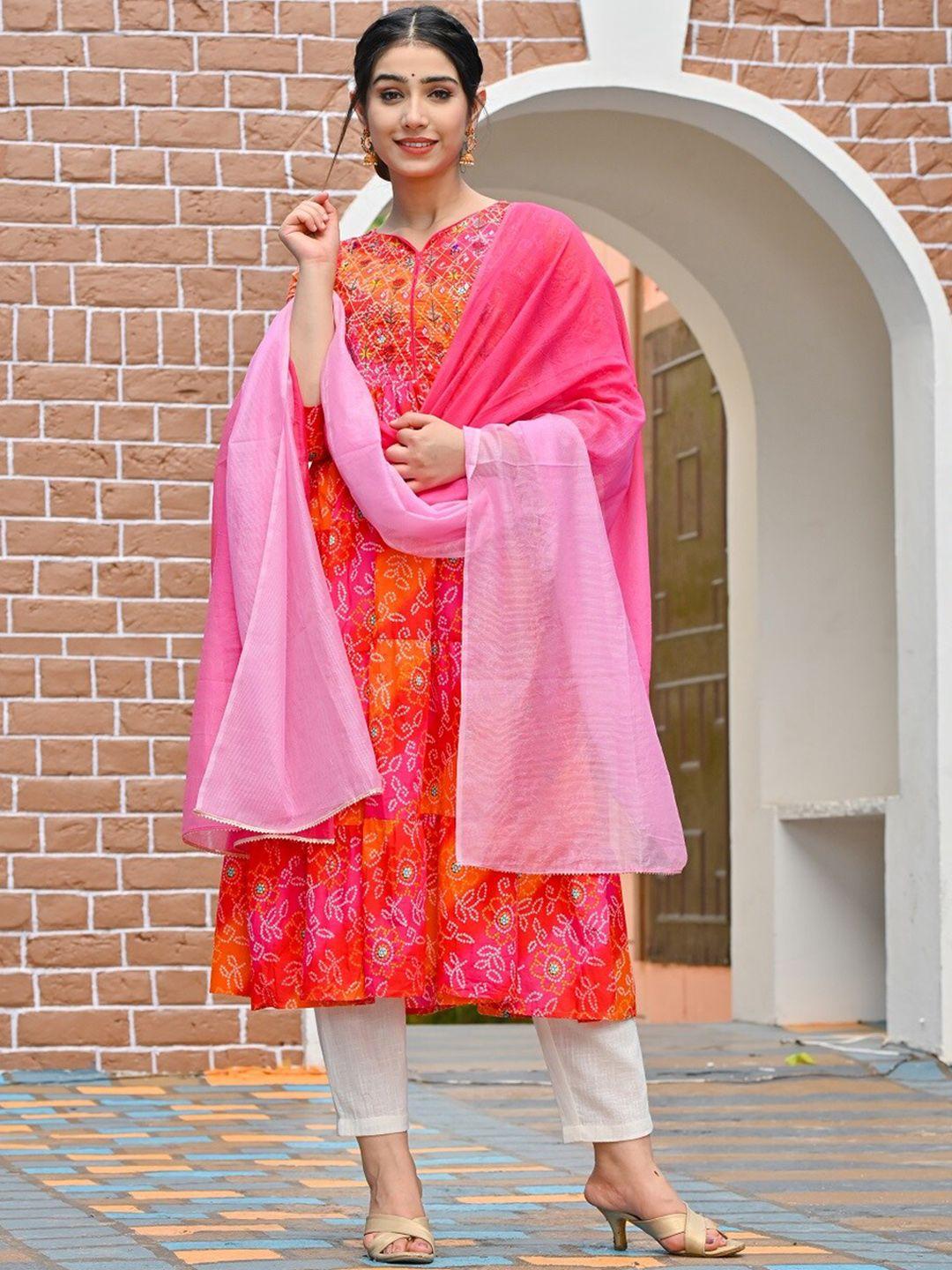 rangdeep women pink bandhani printed pleated thread work pure cotton kurta with trousers & with dupatta