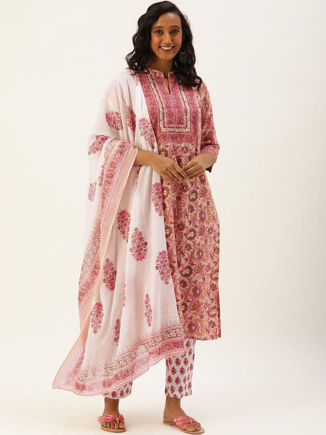 rangdeep women pink ethnic motifs printed thread work pure cotton kurta with trousers & with dupatta