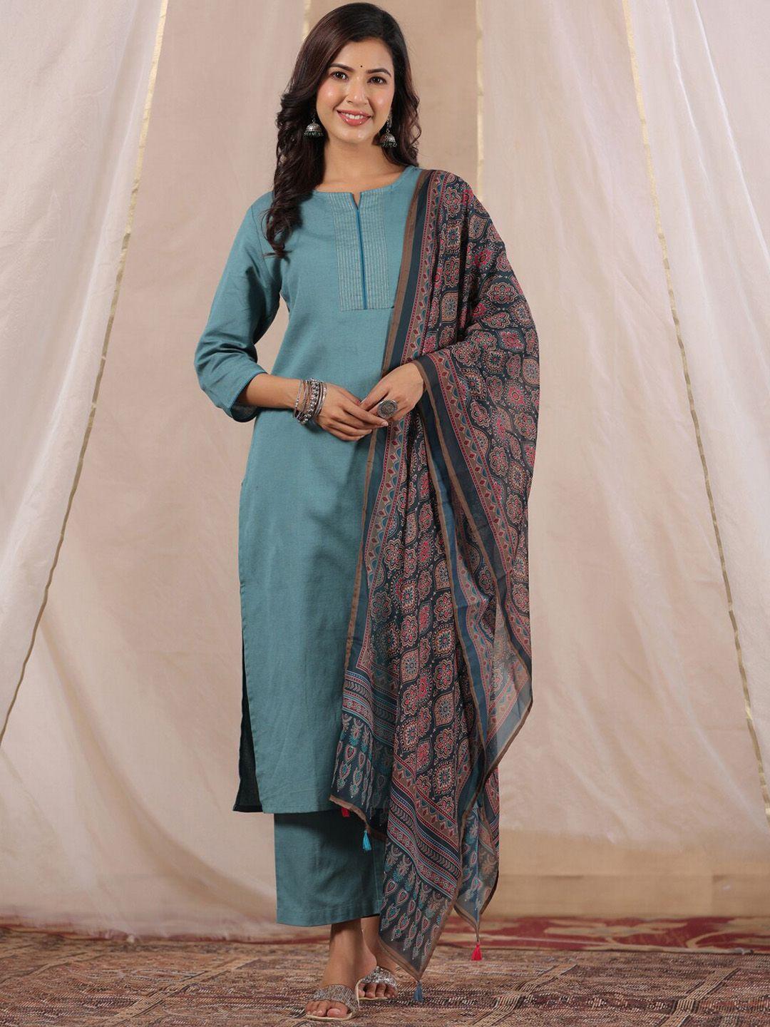 rangdeep women turquoise blue regular pure cotton kurta with trousers & with dupatta
