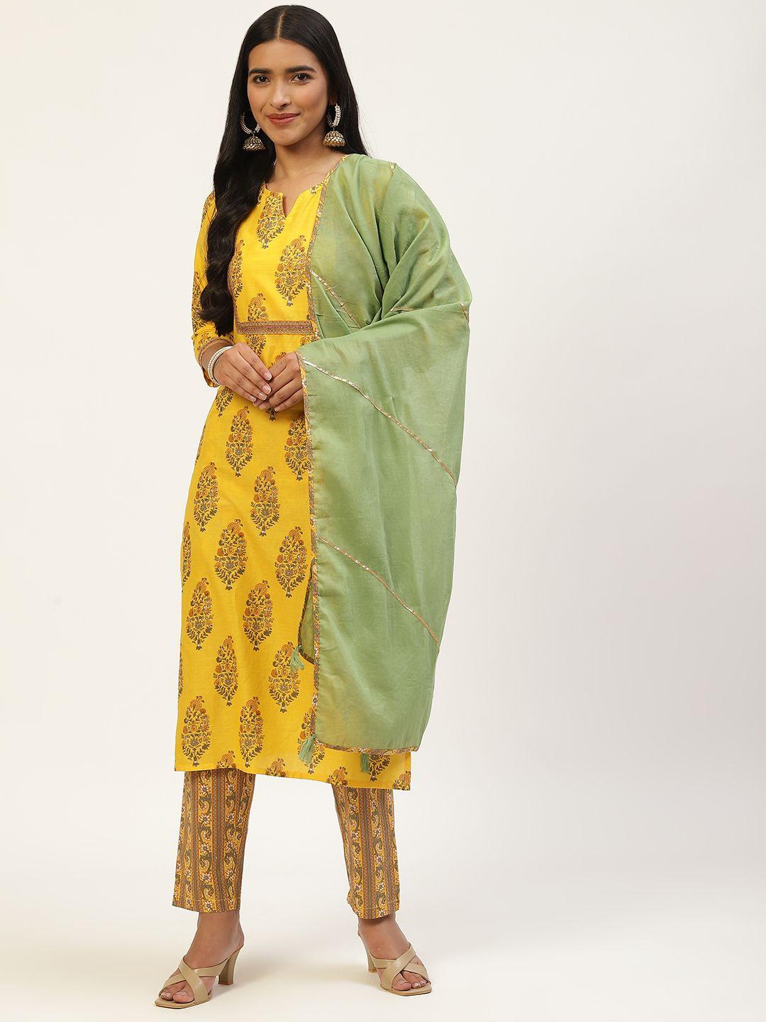 rangdeep women yellow floral printed kurta with trousers & with dupatta