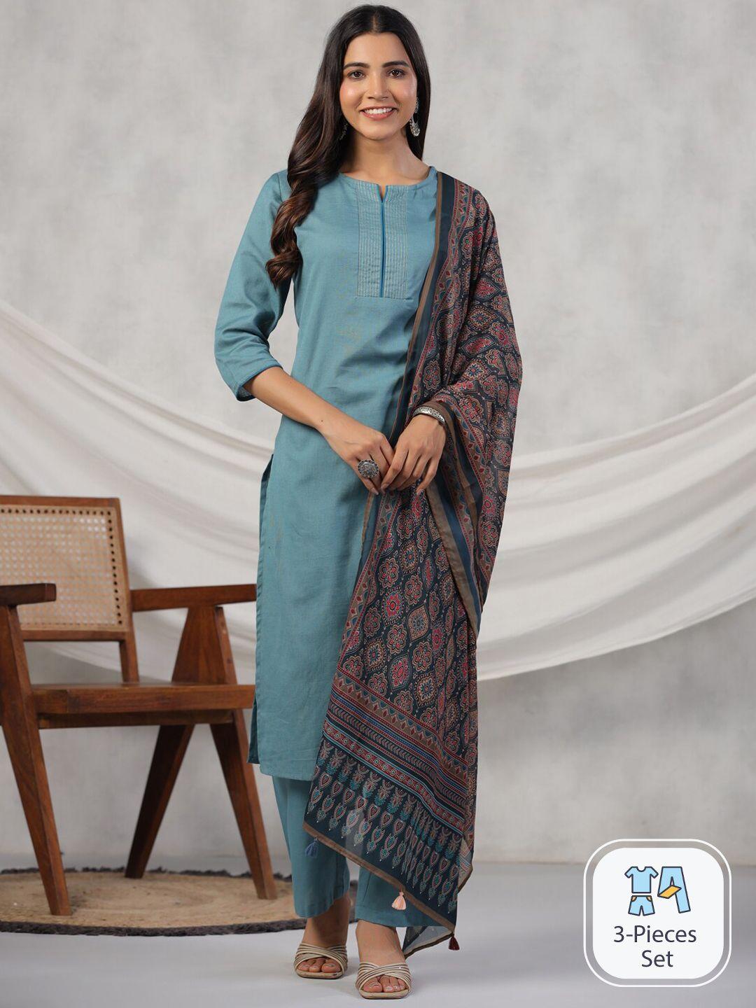 rangdeep yoke design zari pure cotton kurta with trousers & with dupatta
