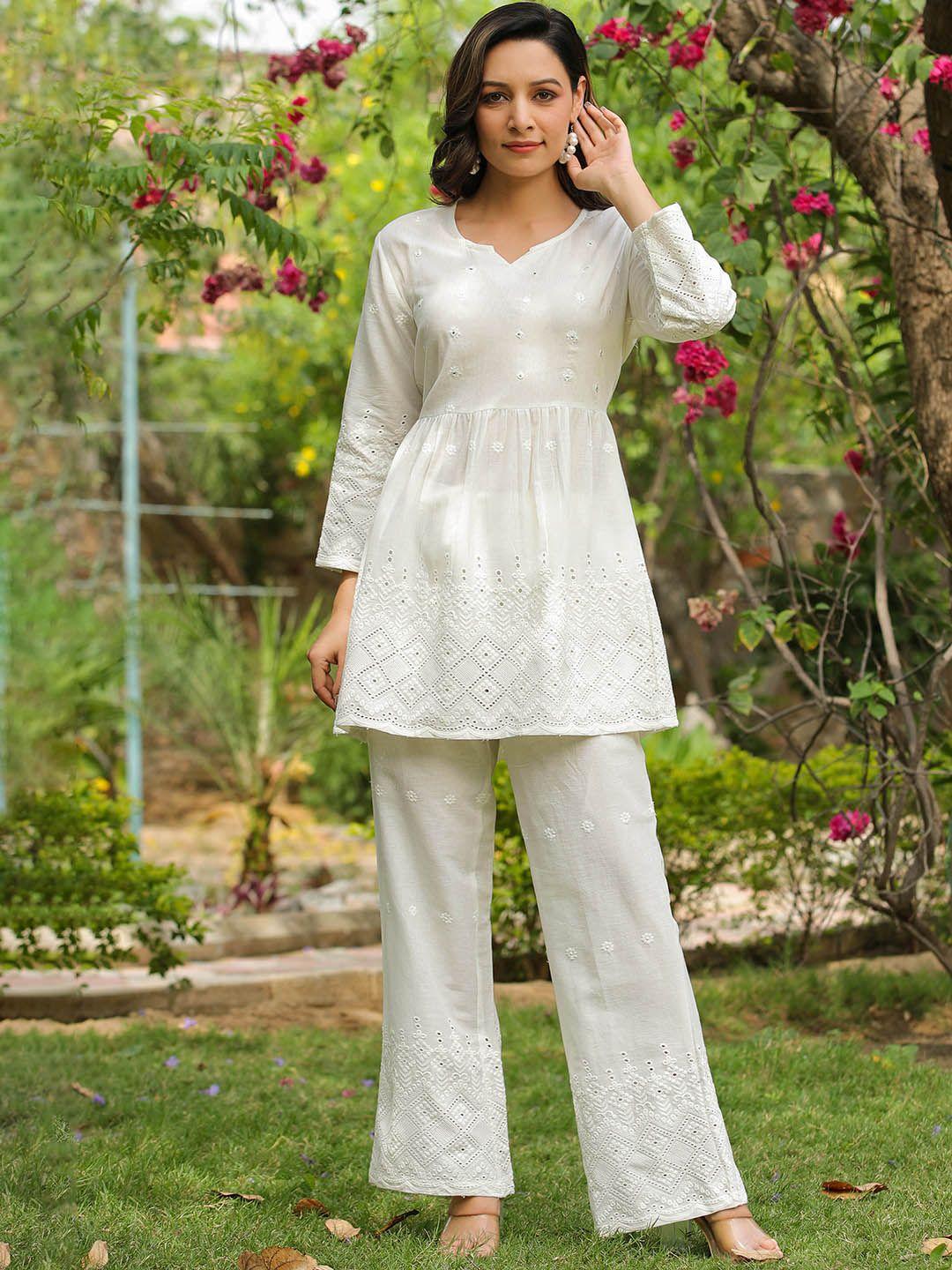 rangeelo embroidered schiffli  cotton tunic with trousers co-ords