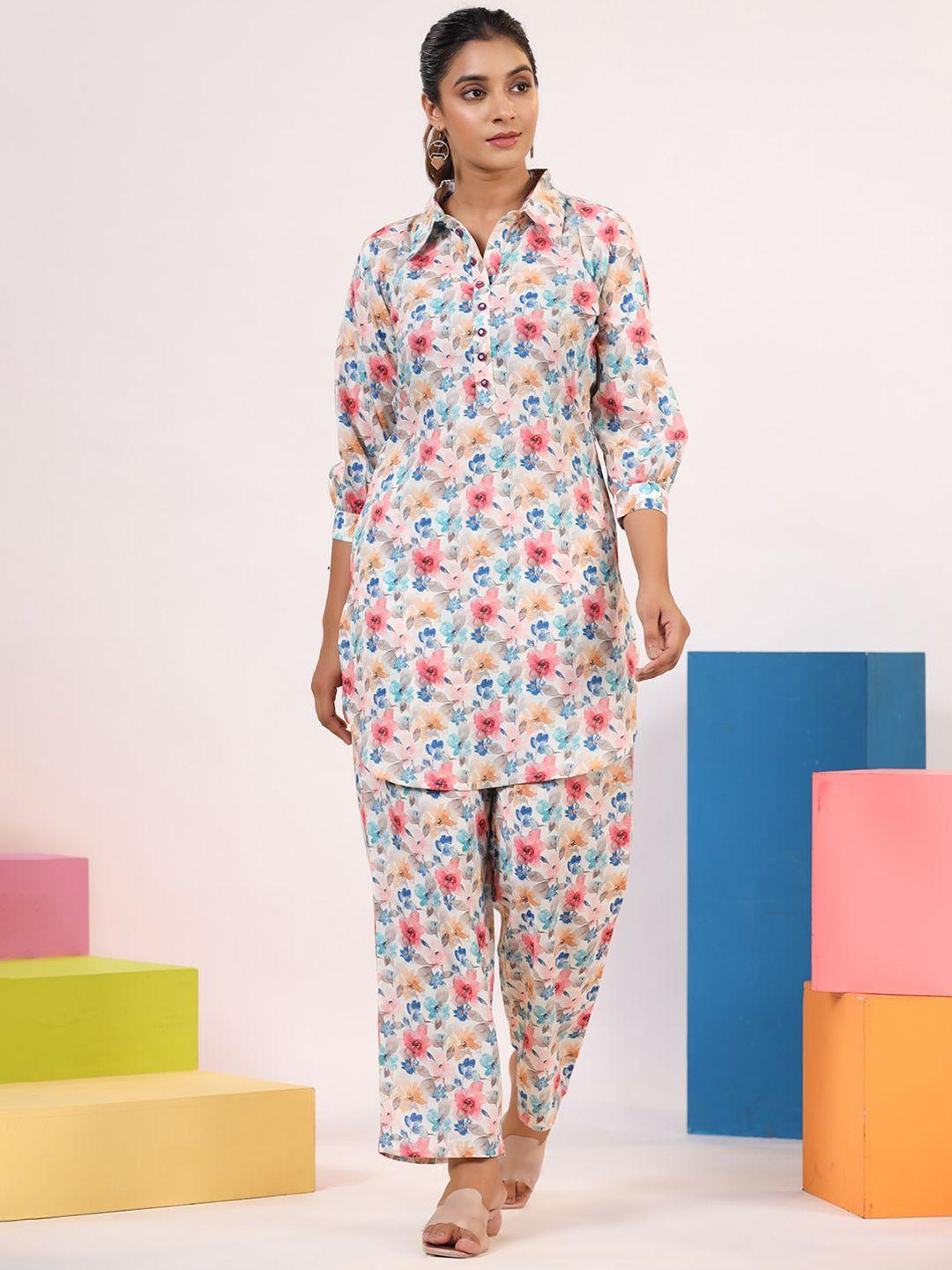 rangeelo floral printed shirt-collar tunic with trouser